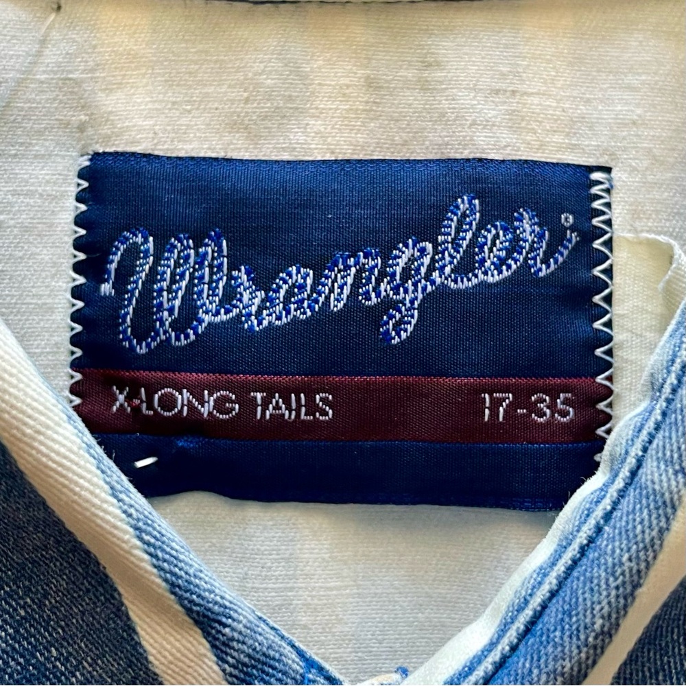 Vintage 1990s Wrangler Brushpopper Pearl Snap Striped Denim Botton Down Shirt - Picture 5 of 13